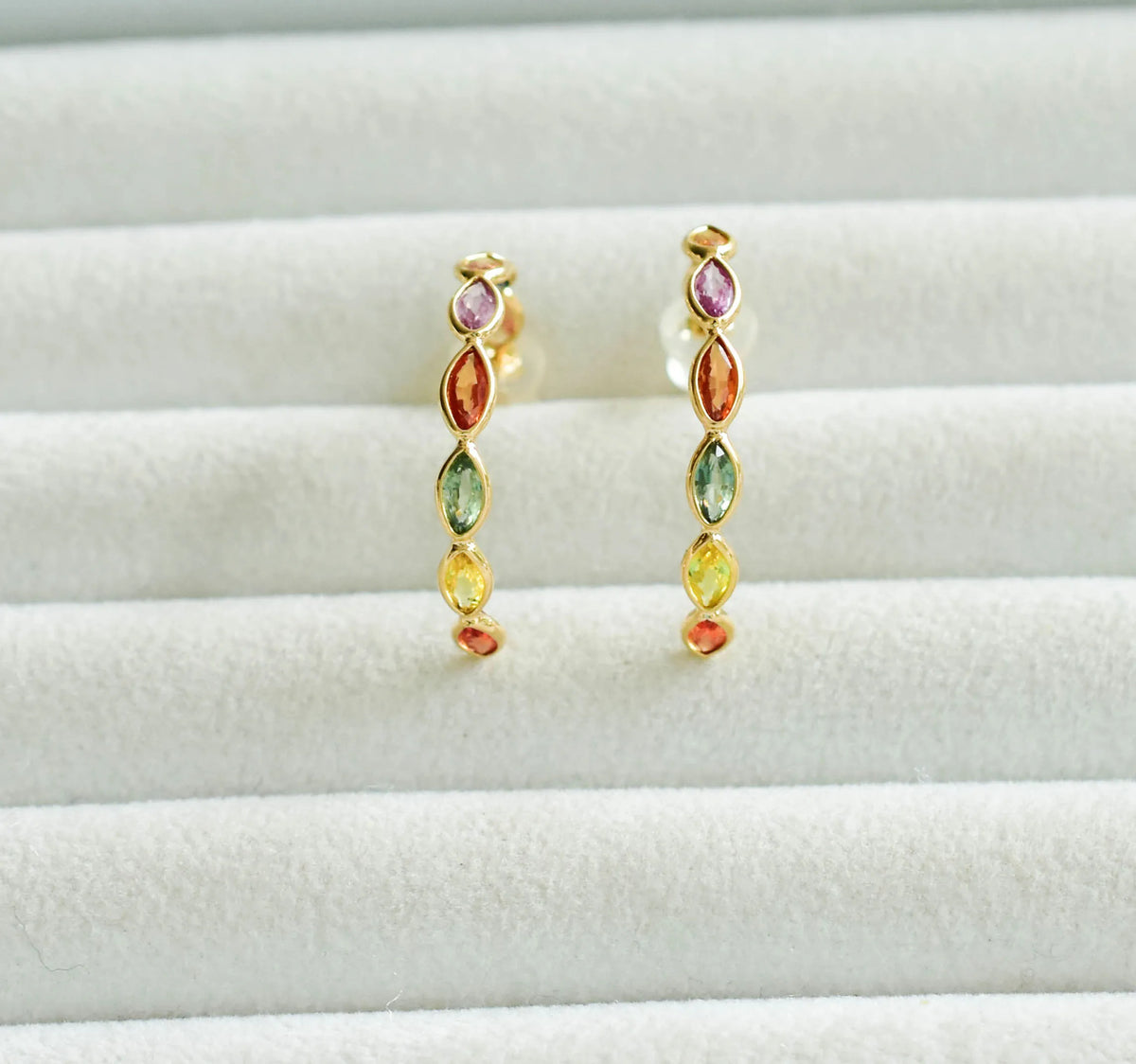18K gold hoop earrings with marquise-cut multicolour sapphires