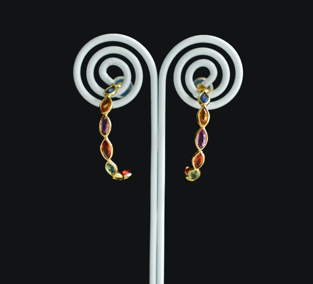 18K gold hoop earrings with marquise-cut multicolour sapphires