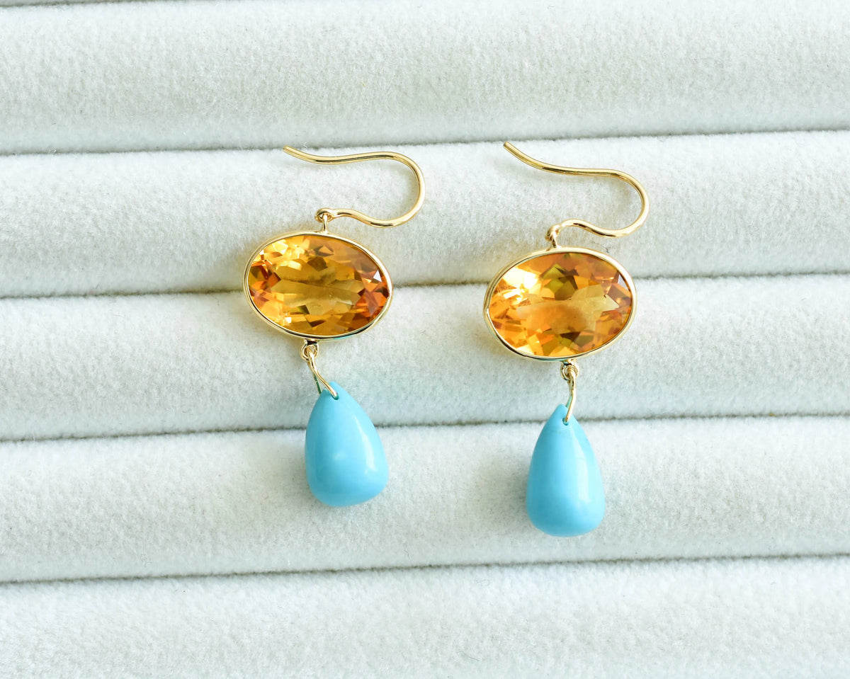 18K gold citrine and turquoise drop earrings