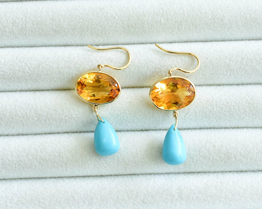 18K gold citrine and turquoise drop earrings