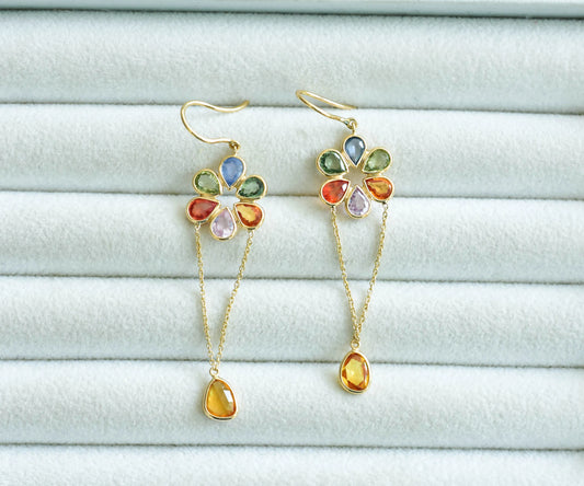 18K gold multi sapphire flower stud earrings with chain drop