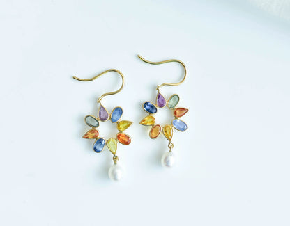 18K gold pearl drop earrings with sapphire accent