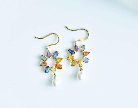 18K gold pearl drop earrings with sapphire accent