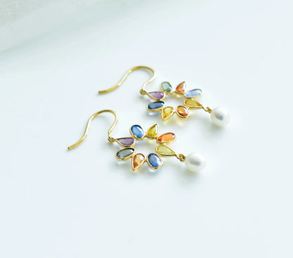 18K gold pearl drop earrings with sapphire accent