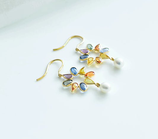18K gold pearl drop earrings with sapphire accent