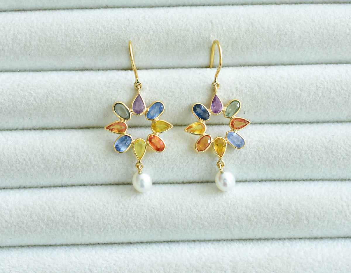 18K gold pearl drop earrings with sapphire accent
