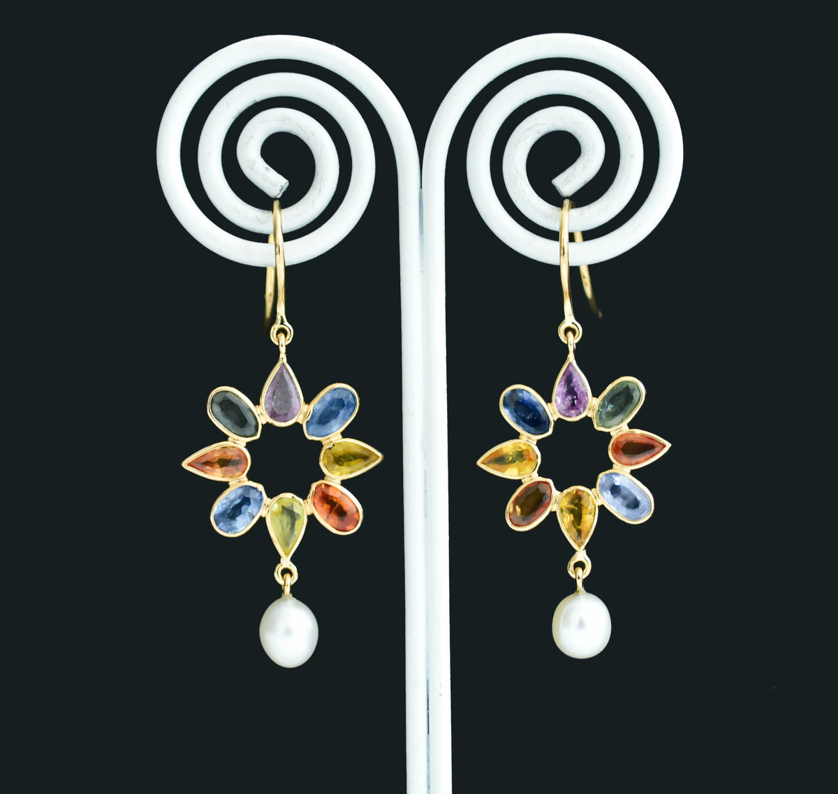 18K gold pearl drop earrings with sapphire accent