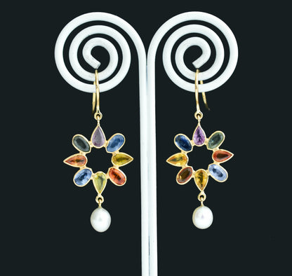 18K gold pearl drop earrings with sapphire accent