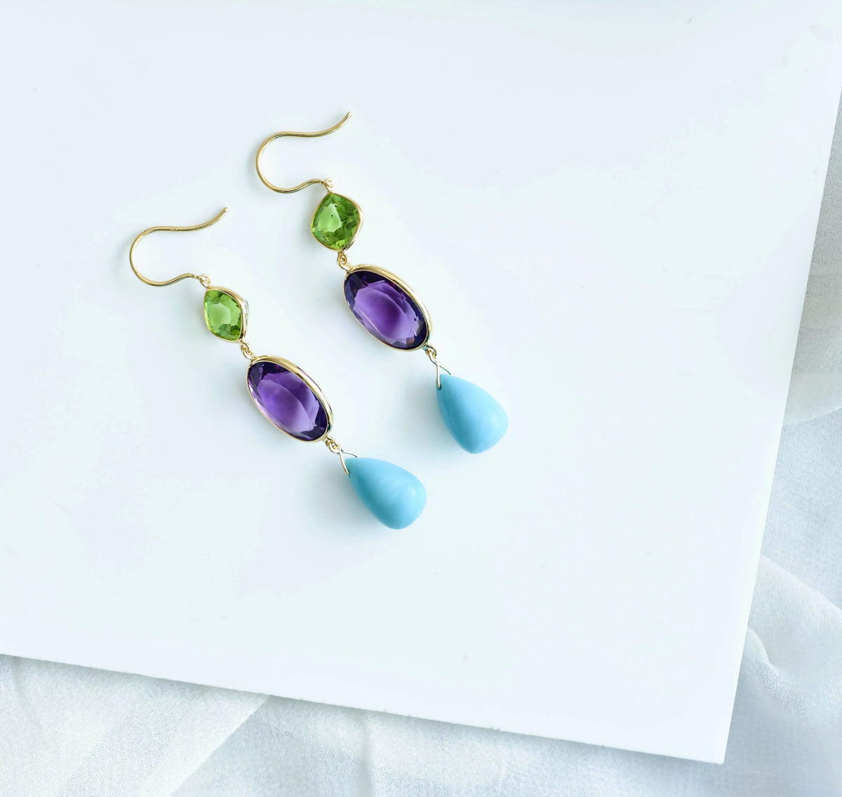 18K gold drop earrings with peridot, amethyst and turquoise