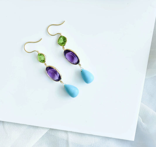 18K gold drop earrings with peridot, amethyst and turquoise