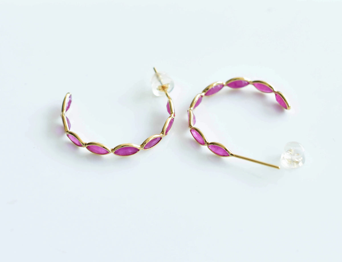 18K gold hoop earrings with marquise-cut rubies