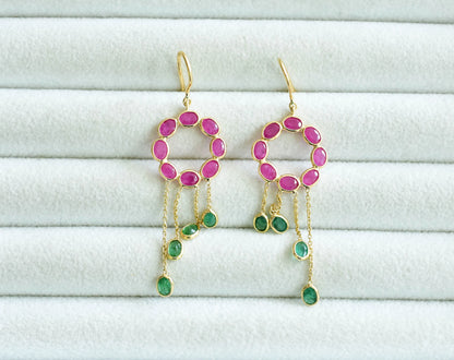 18K gold ruby wreath earrings with emerald fringe tassels