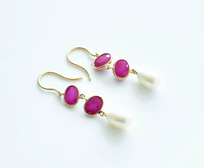 18K gold ruby and pearl drop earrings