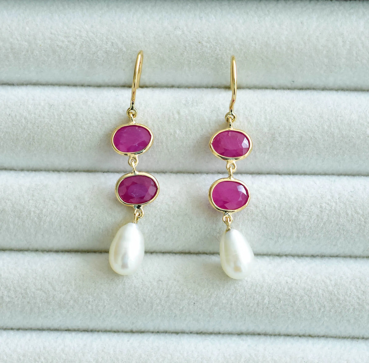 18K gold ruby and pearl drop earrings