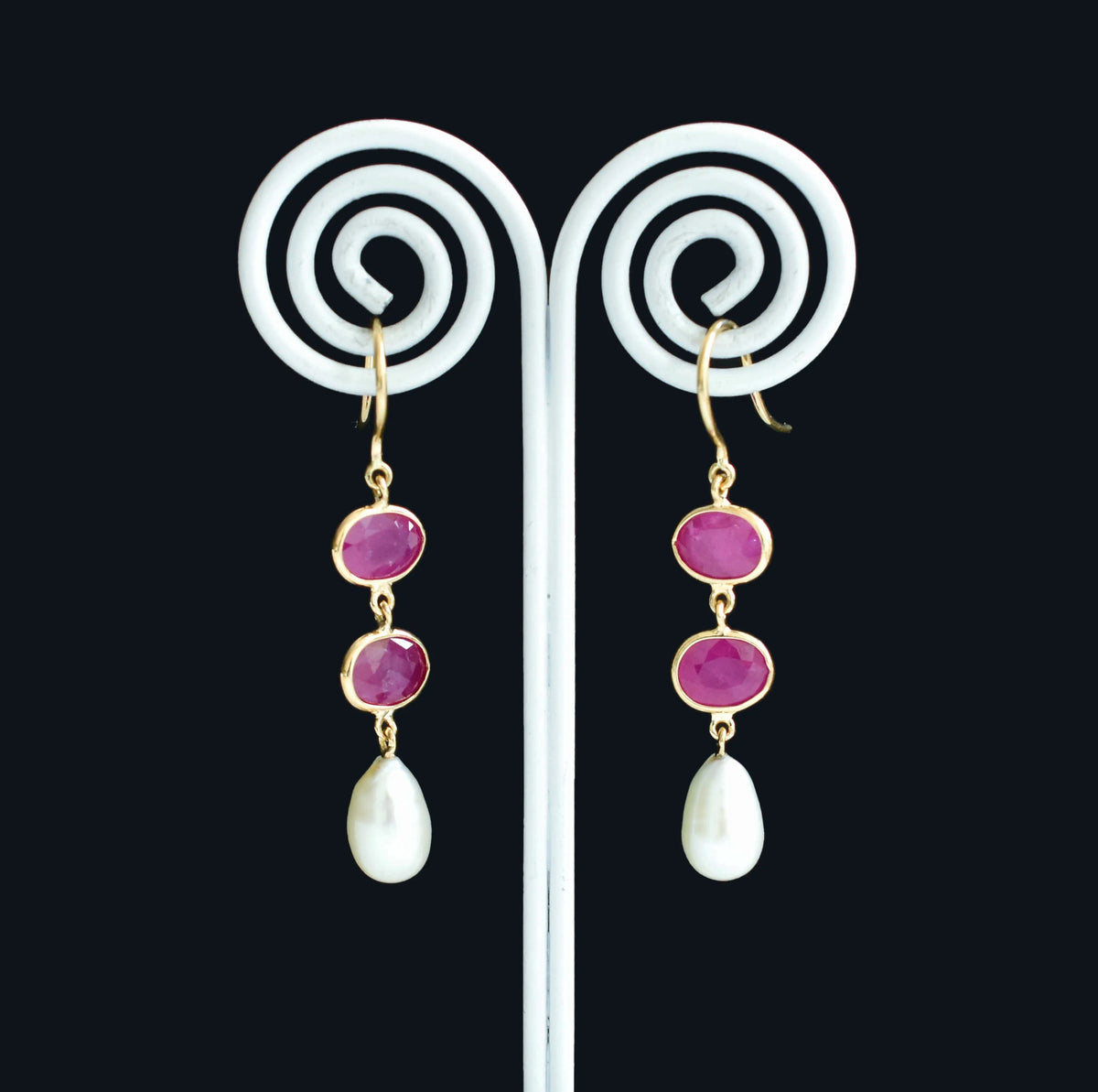 18K gold ruby and pearl drop earrings