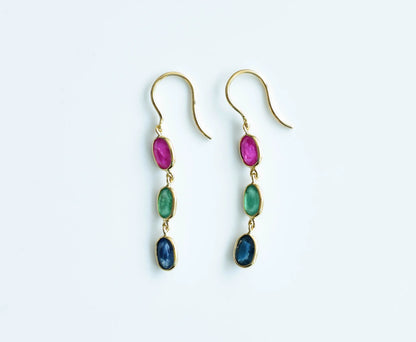 18K gold cluster earrings with blue sapphire, emerald and ruby
