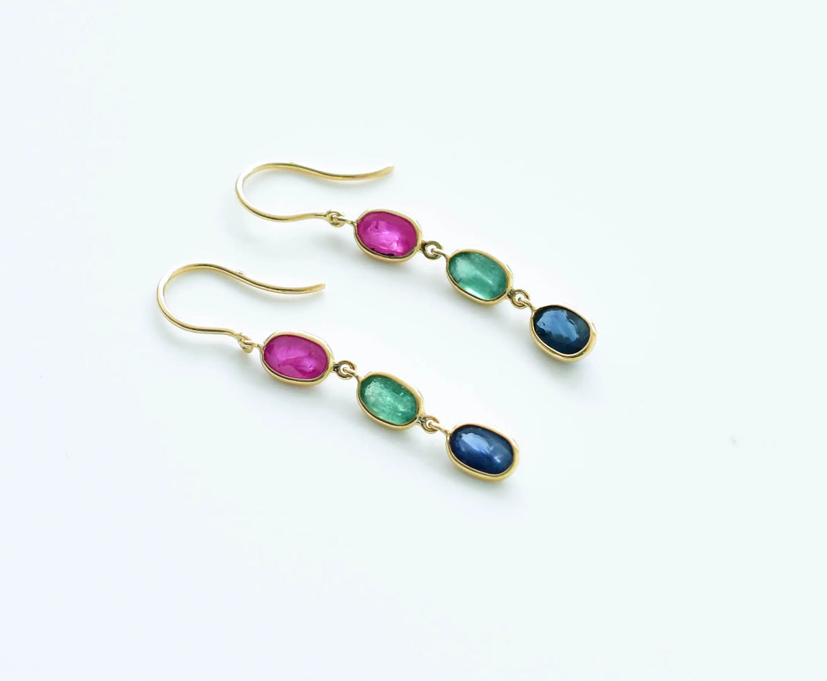 18K gold cluster earrings with blue sapphire, emerald and ruby