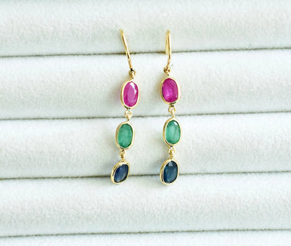 18K gold cluster earrings with blue sapphire, emerald and ruby