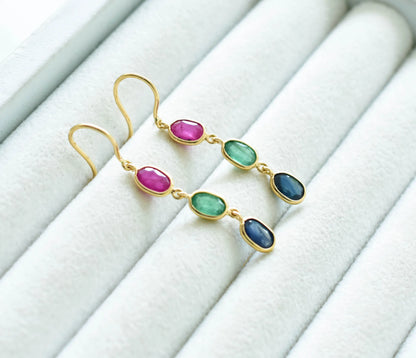 18K gold cluster earrings with blue sapphire, emerald and ruby
