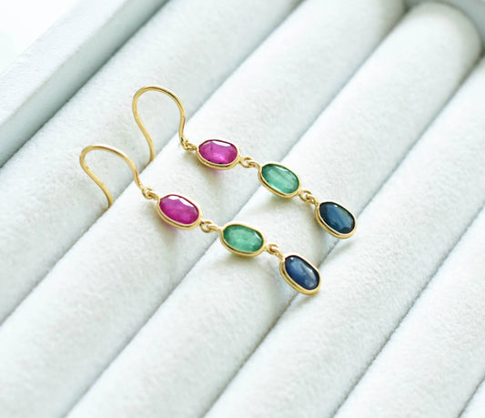 18K gold cluster earrings with blue sapphire, emerald and ruby