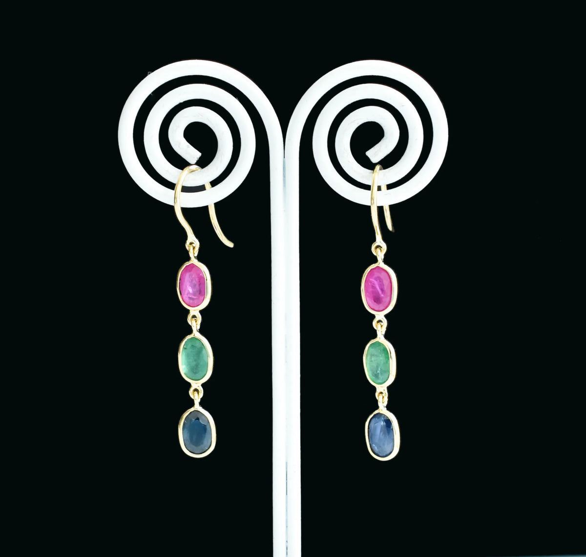18K gold cluster earrings with blue sapphire, emerald and ruby