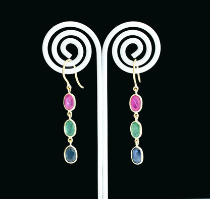 18K gold cluster earrings with blue sapphire, emerald and ruby