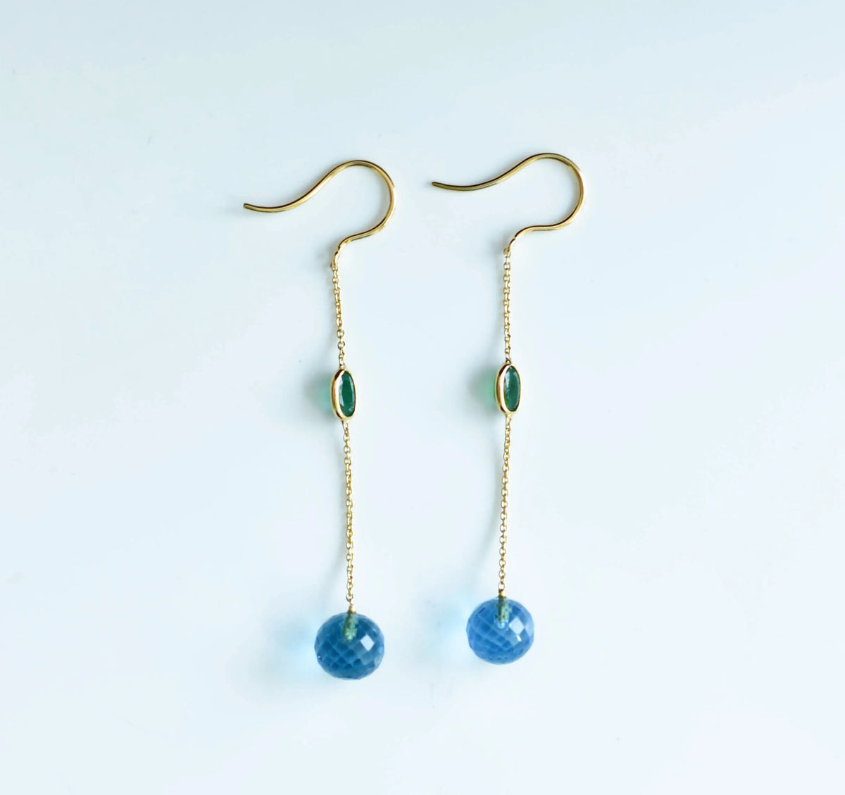 18K gold chain drop earrings with emerald and blue topaz