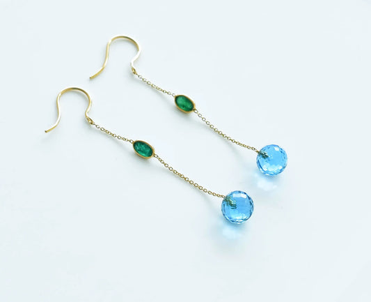 18K gold chain drop earrings with emerald and blue topaz