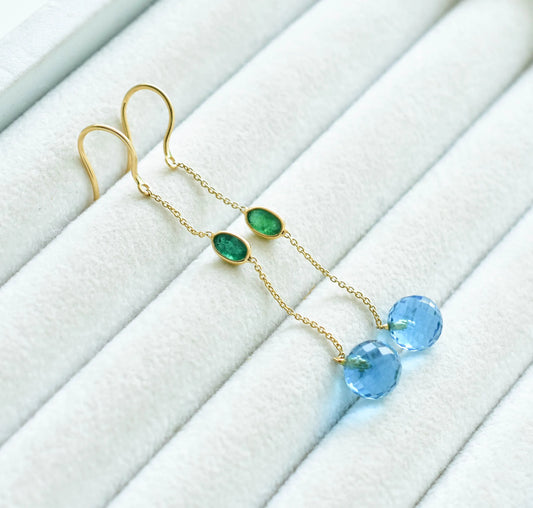 18K gold chain drop earrings with emerald and blue topaz