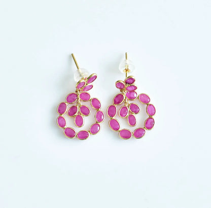 18K gold ruby wreath drop earrings with ruby cluster center