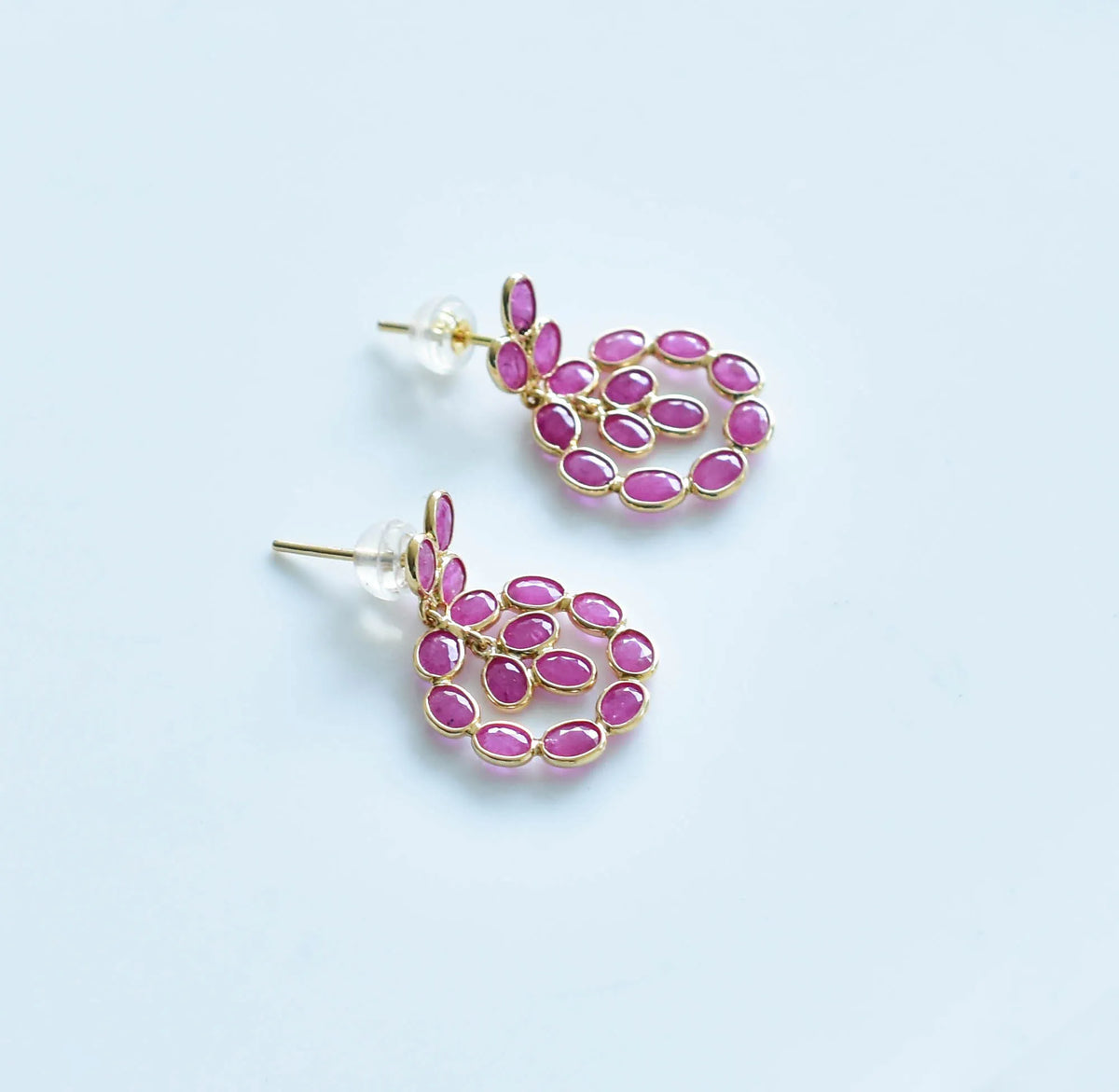 18K gold ruby wreath drop earrings with ruby cluster center