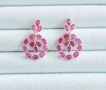 18K gold ruby wreath drop earrings with ruby cluster center
