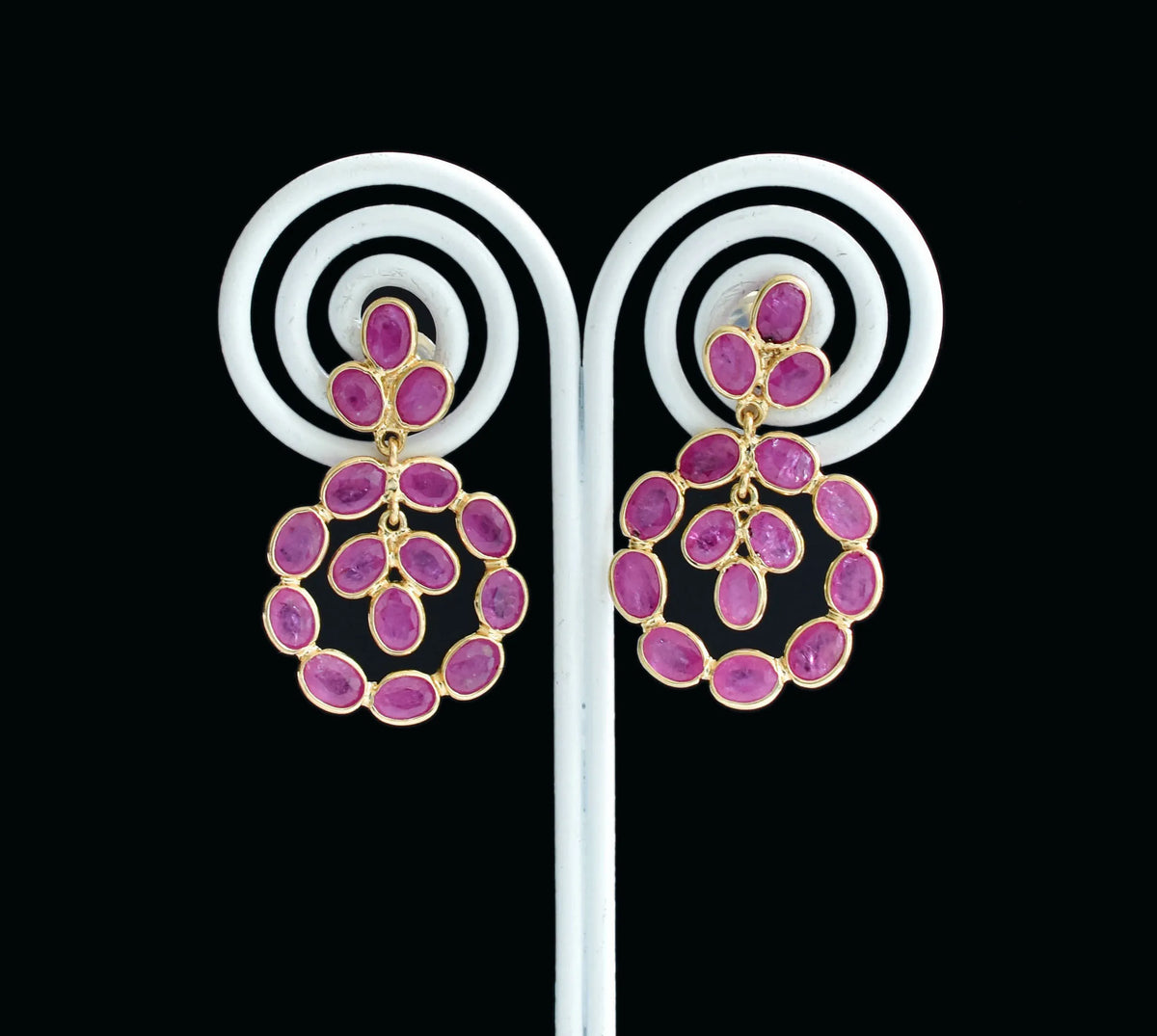 18K gold ruby wreath drop earrings with ruby cluster center