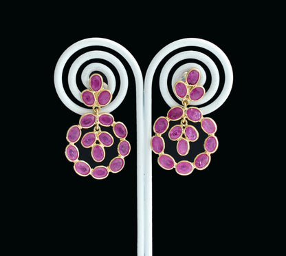 18K gold ruby wreath drop earrings with ruby cluster center
