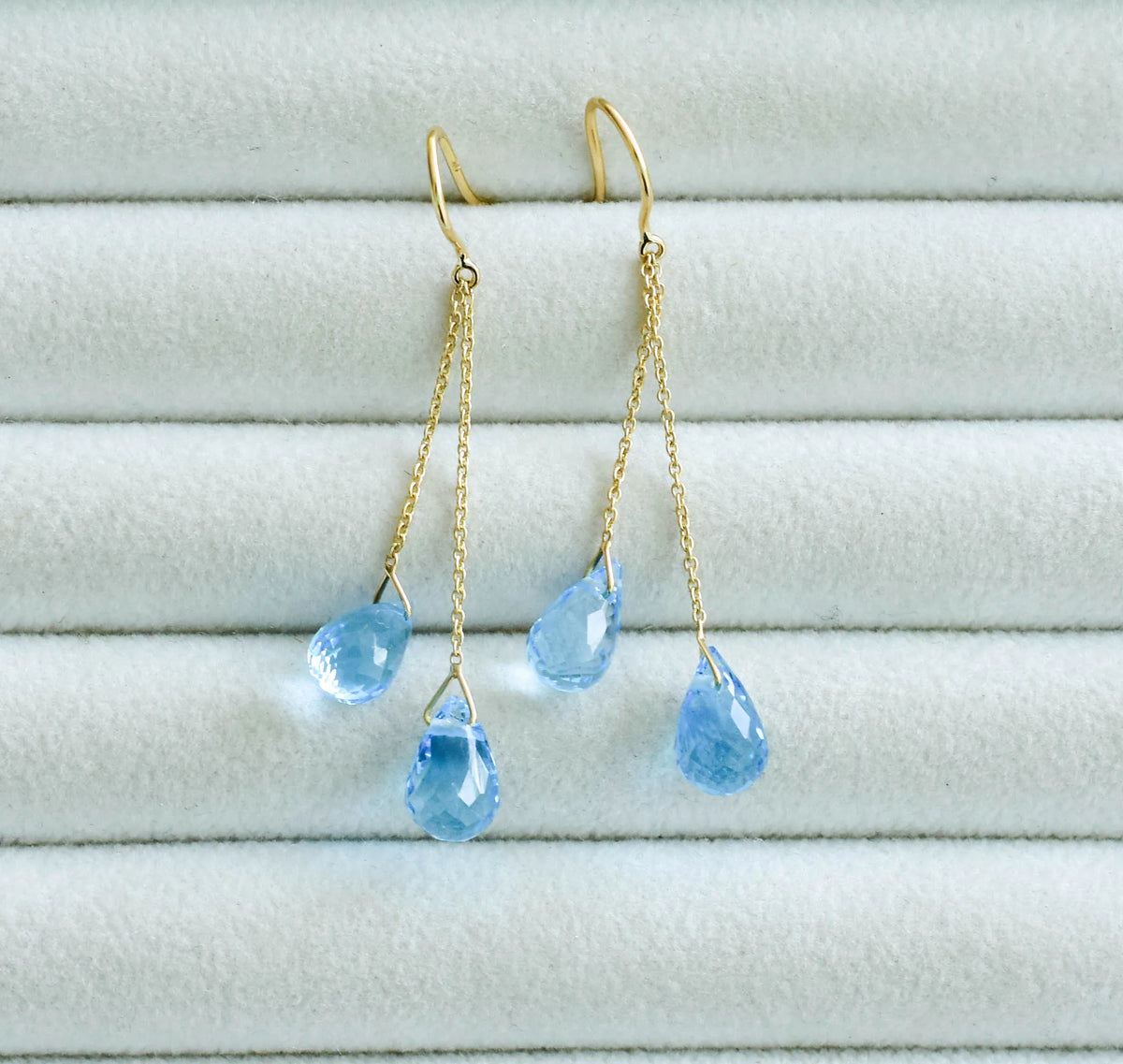 18K gold blue topaz briolette threader earrings