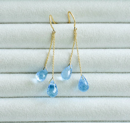 18K gold blue topaz briolette threader earrings