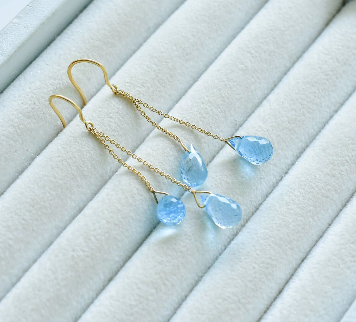 18K gold blue topaz briolette threader earrings