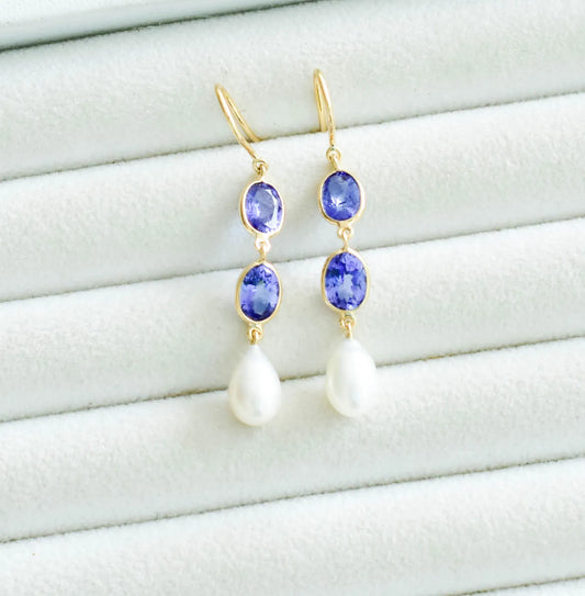 18K gold drop earrings with tanzanite and teardrop pearl