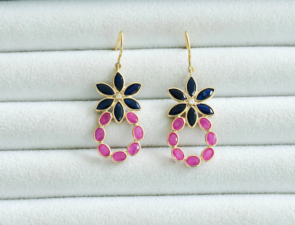 18K gold cluster earrings with blue sapphire flower and ruby wreath