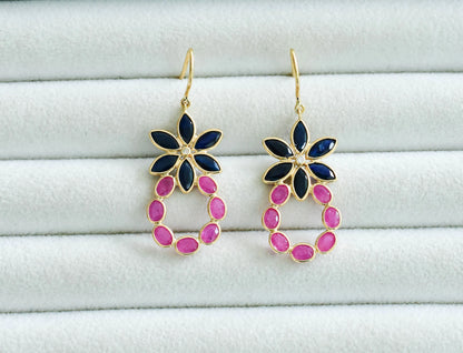 18K gold cluster earrings with blue sapphire flower and ruby wreath