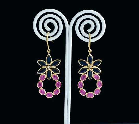 18K gold cluster earrings with blue sapphire flower and ruby wreath