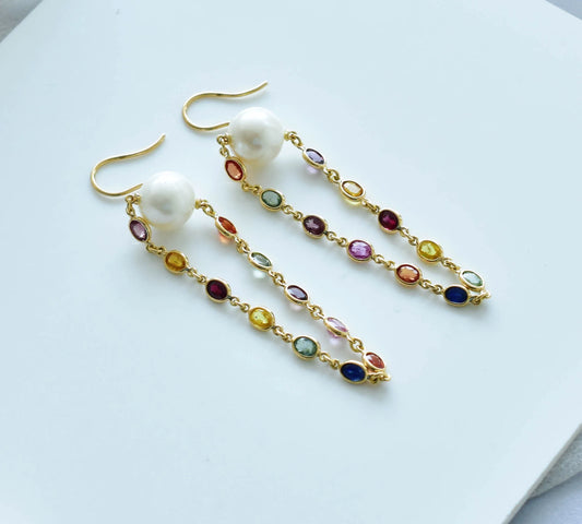 18K gold dangle earrings with pearls and multi-color sapphire accents