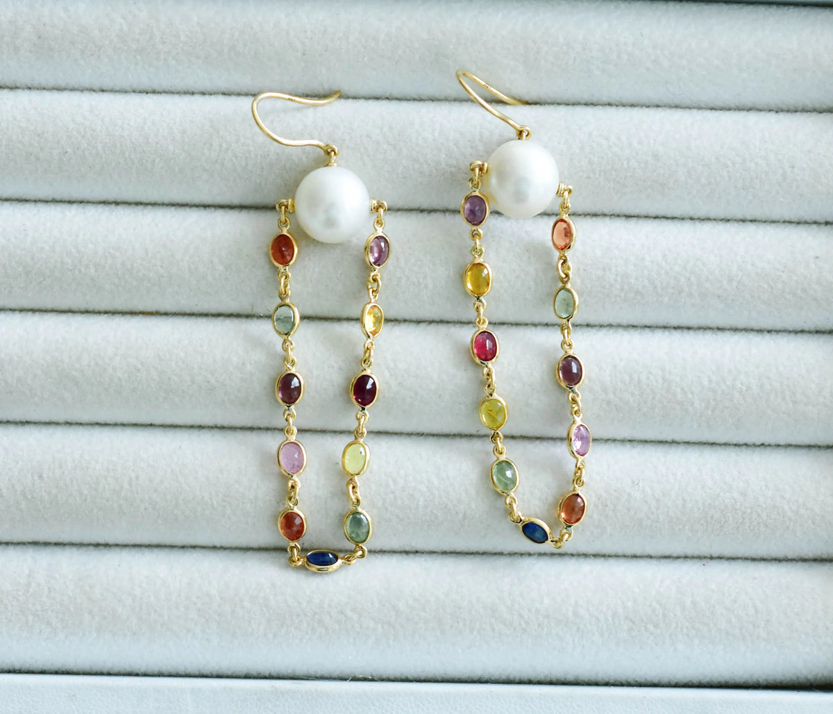 18K gold dangle earrings with pearls and multi-color sapphire accents