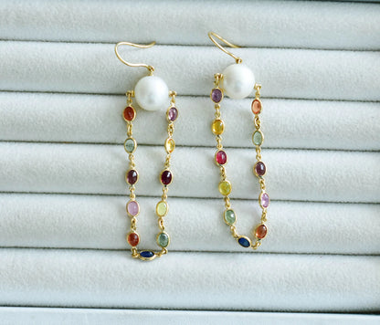 18K gold dangle earrings with pearls and multi-color sapphire accents