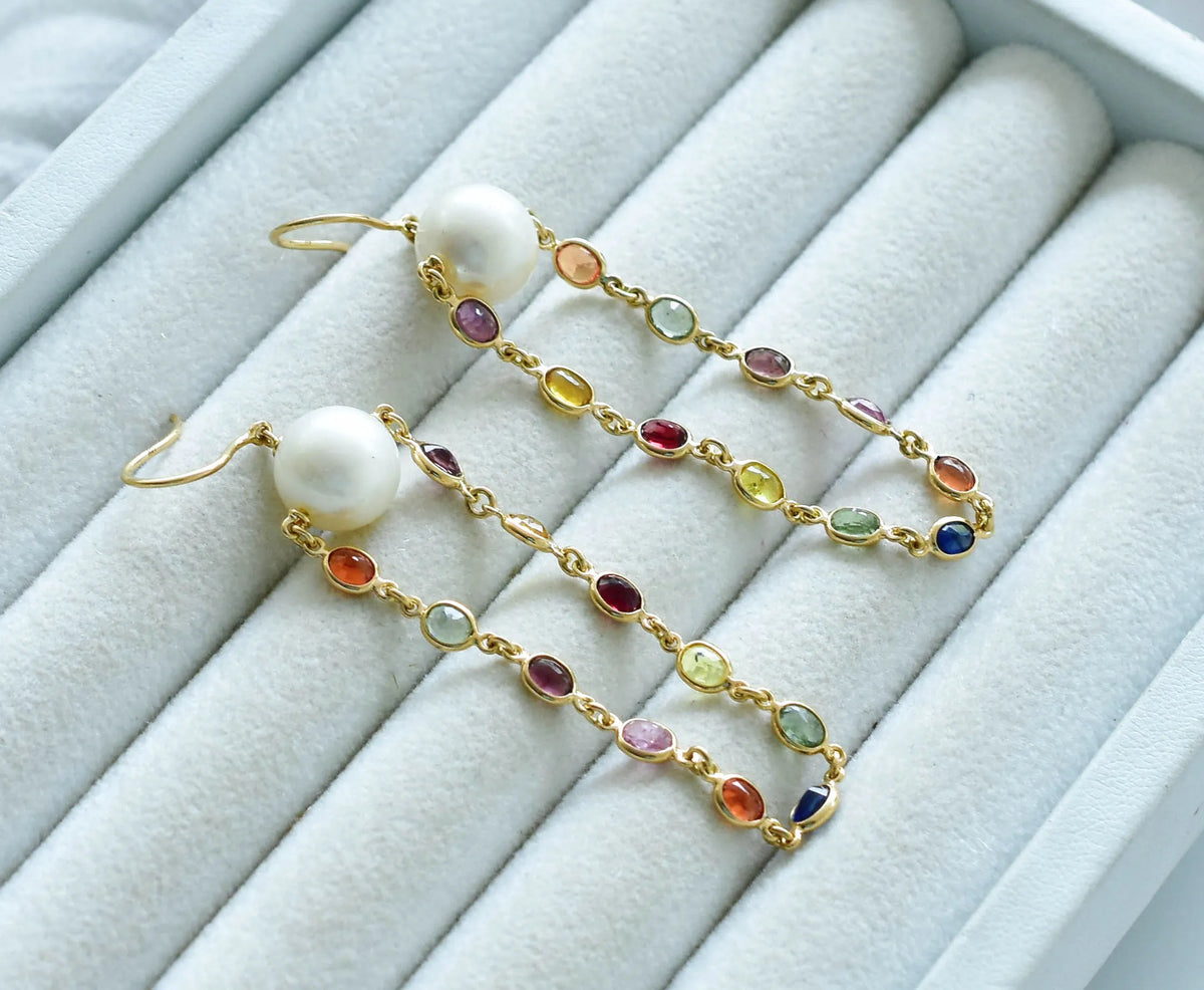 18K gold dangle earrings with pearls and multi-color sapphire accents