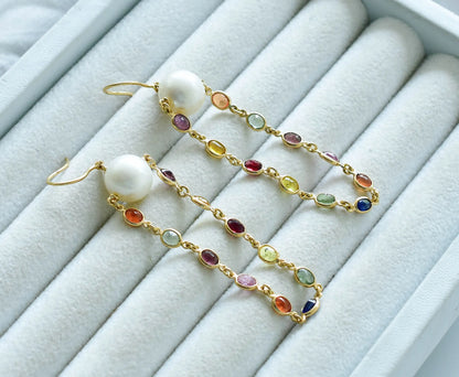 18K gold dangle earrings with pearls and multi-color sapphire accents