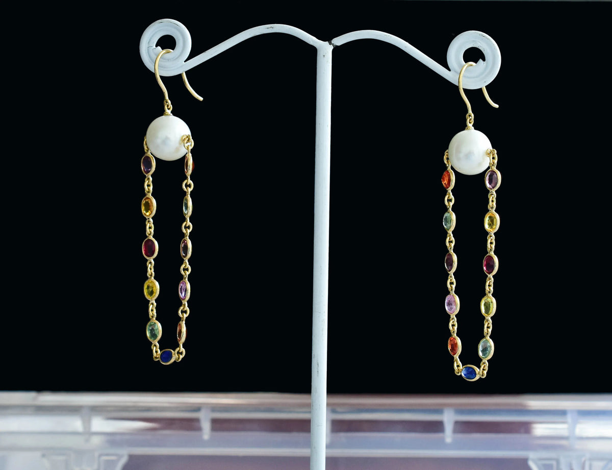 18K gold dangle earrings with pearls and multi-color sapphire accents