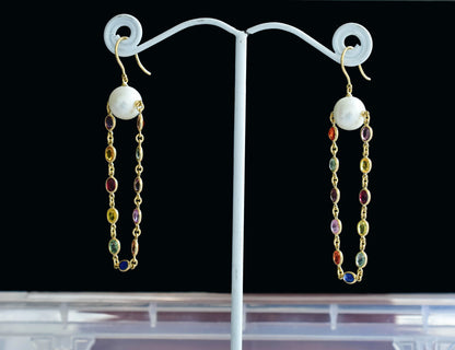 18K gold dangle earrings with pearls and multi-color sapphire accents