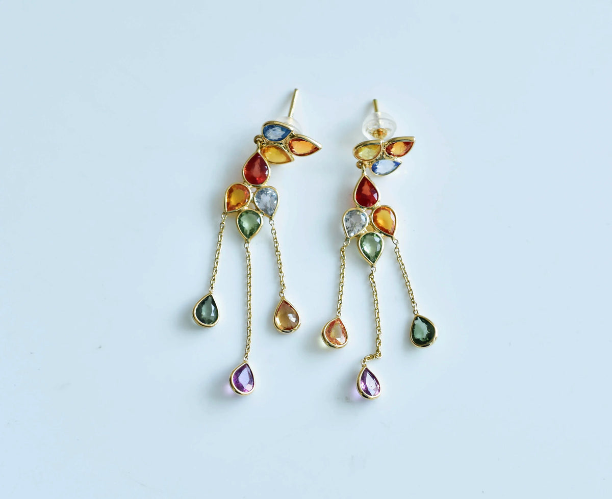 18K gold chain drop earrings with pear-cut multi-color sapphires