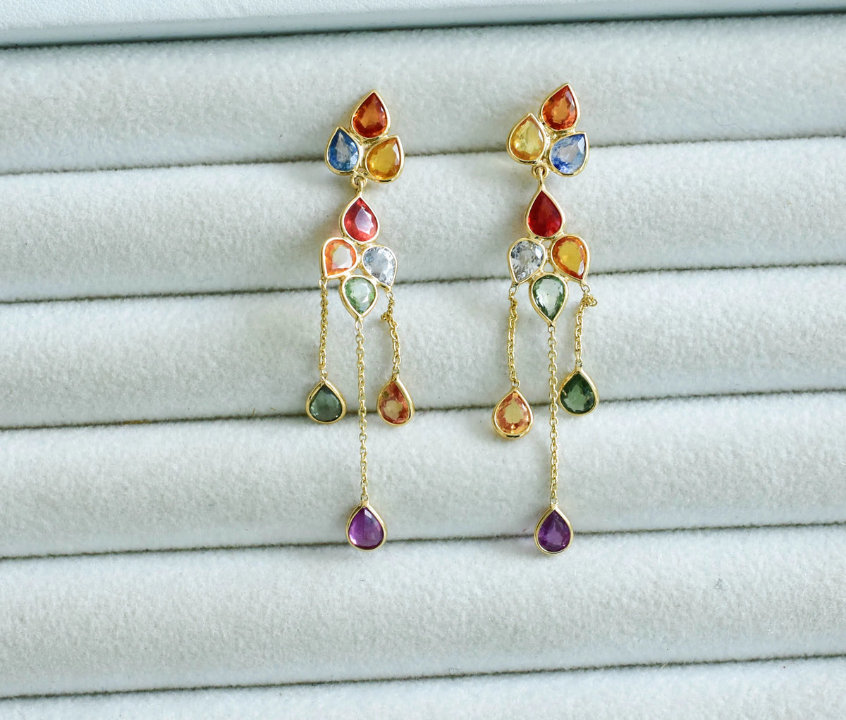 18K gold chain drop earrings with pear-cut multi-color sapphires